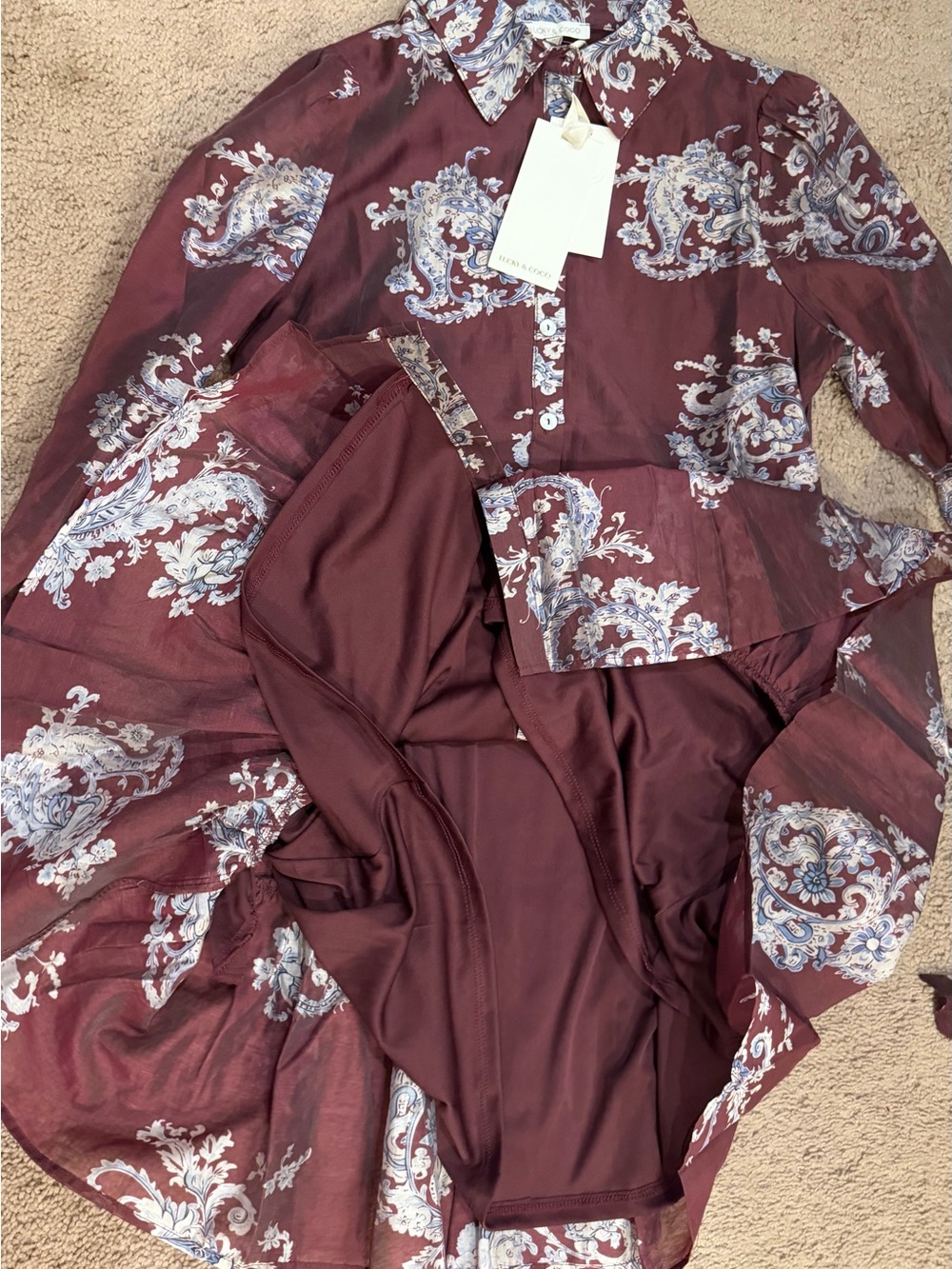 Paisley-Print Long Sleeve Tie-Waist Dress in Burgundy - Picture 4 of 6